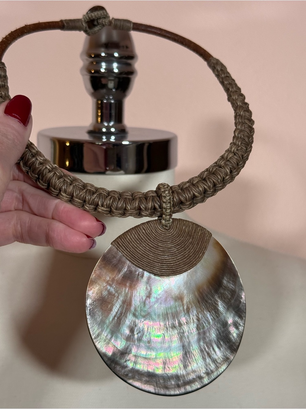 Vintage MOP Shell oversized leather minimalist Art deco Boho Necklace HUGE